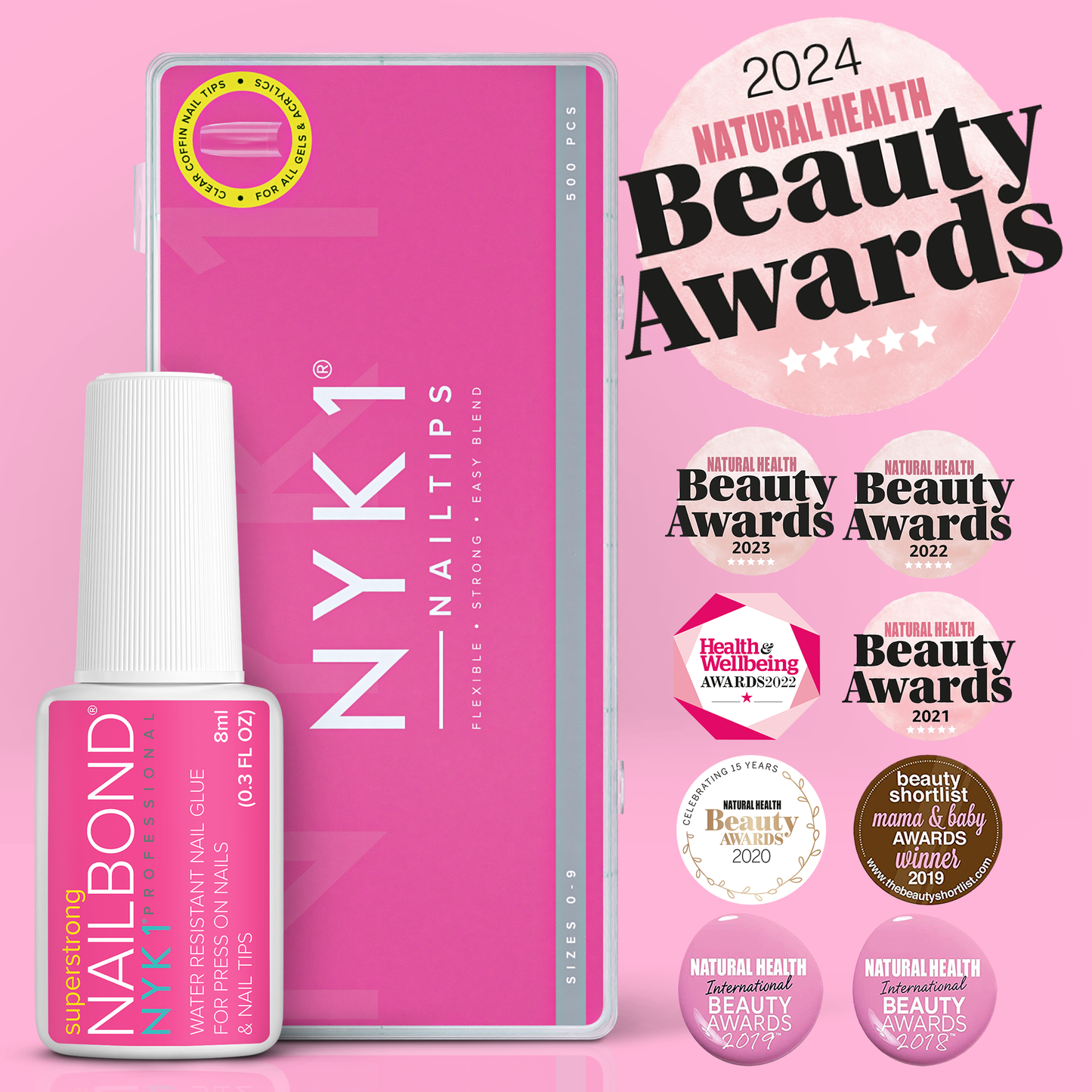 NYK1 NailBond Brush On Nail Glue & Clear Nail Tips - Coffin Shaped (500 PCS - 10 Sizes)