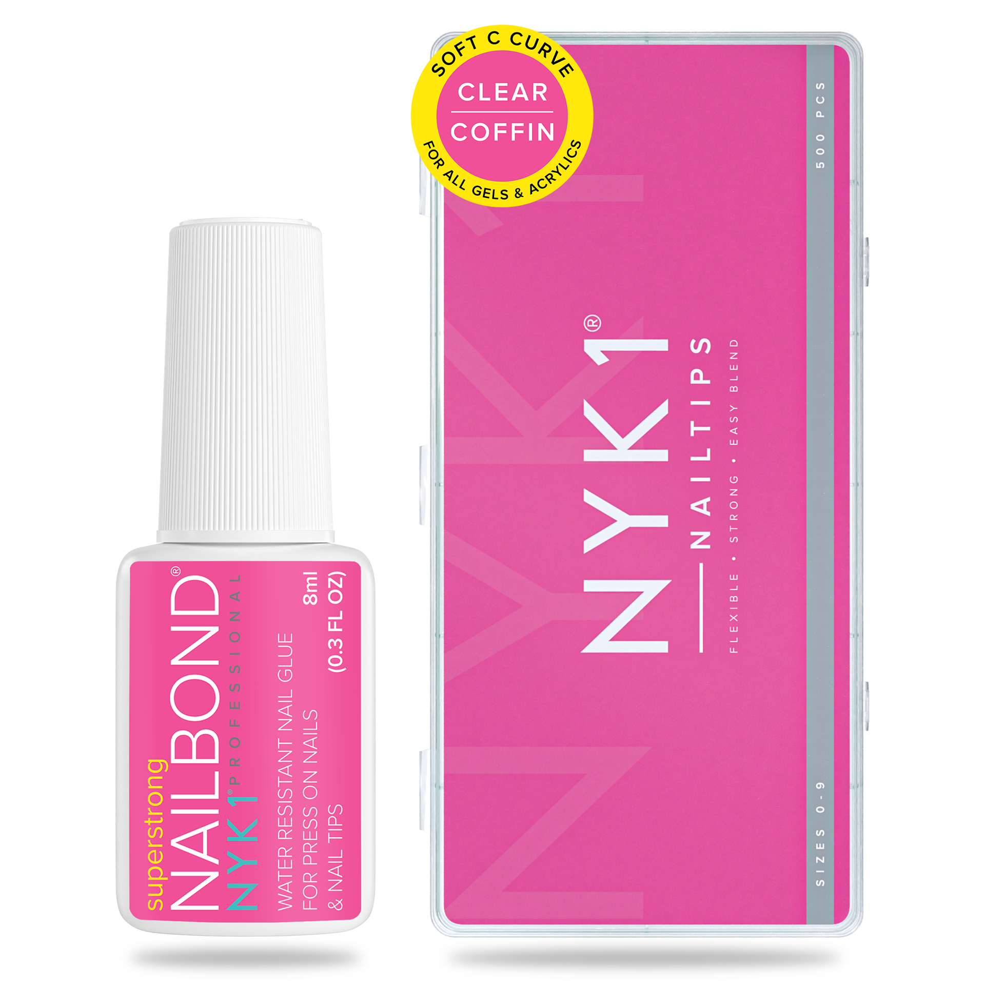 NailBond Brush On Nail Glue & Clear Nail Tips Coffin Shaped