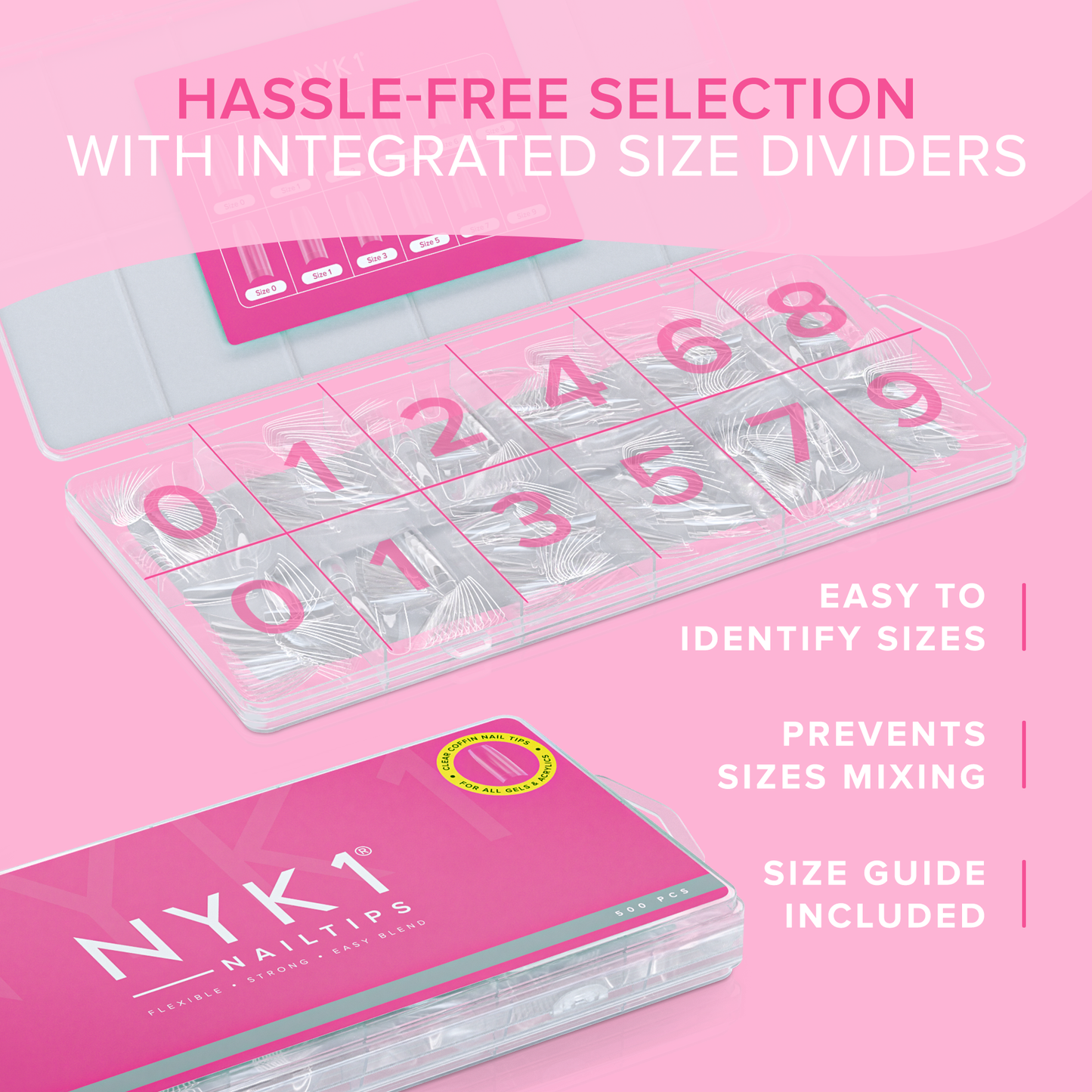 NYK1 Clear Nail Tips - Coffin Shaped (500 PCS - 10 Sizes) Long Lasting, Easy Blend & Flexible Nail Tips